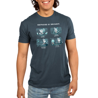 A man is comfortably wearing a Sidetracked by Side Quests T-shirt from TeeTurtle that says "I'm a nerd.