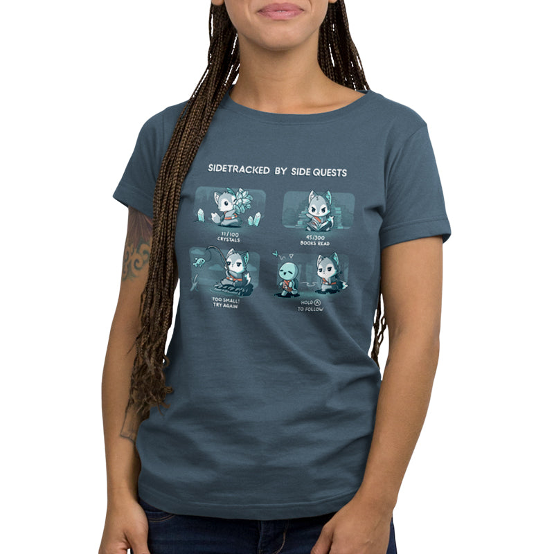 A comfortable women's Sidetracked by Side Quests T-shirt featuring a delightful picture of a cat from TeeTurtle.
