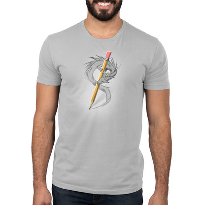 A man wearing a comfortable gray Sketchbook Dragon T-shirt with a drawing of a dragon pencil on it from TeeTurtle.