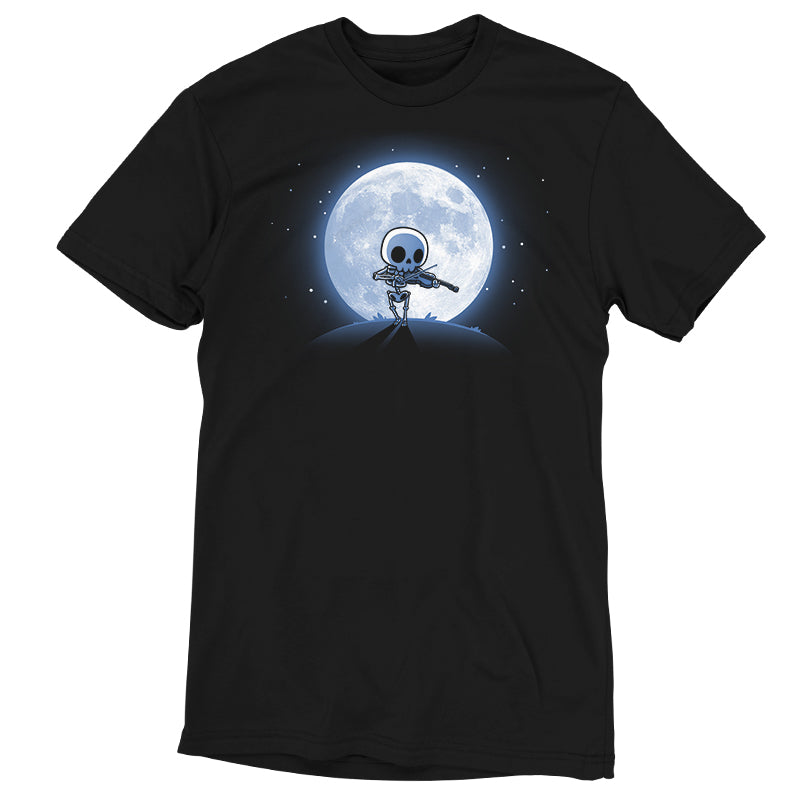 A black t-shirt with an image of a robot on the moon, a TeeTurtle original, called Skulls and Soundwaves (Glow).