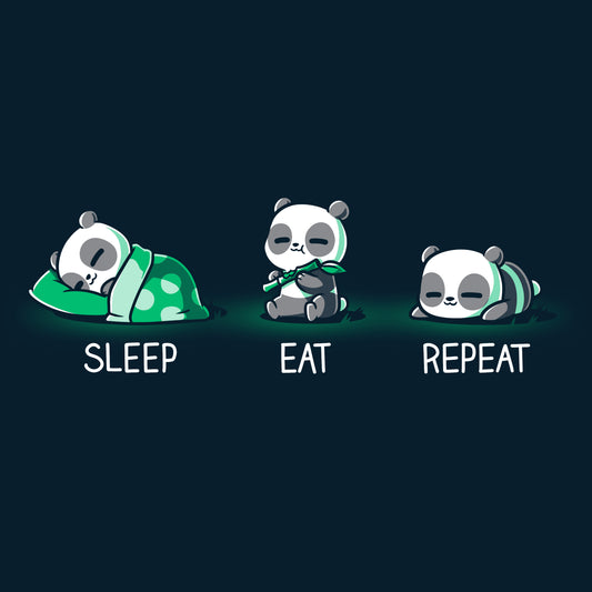 Three Sleep. Eat. Repeat panda bears nap and snack in a navy blue setting, made by TeeTurtle.