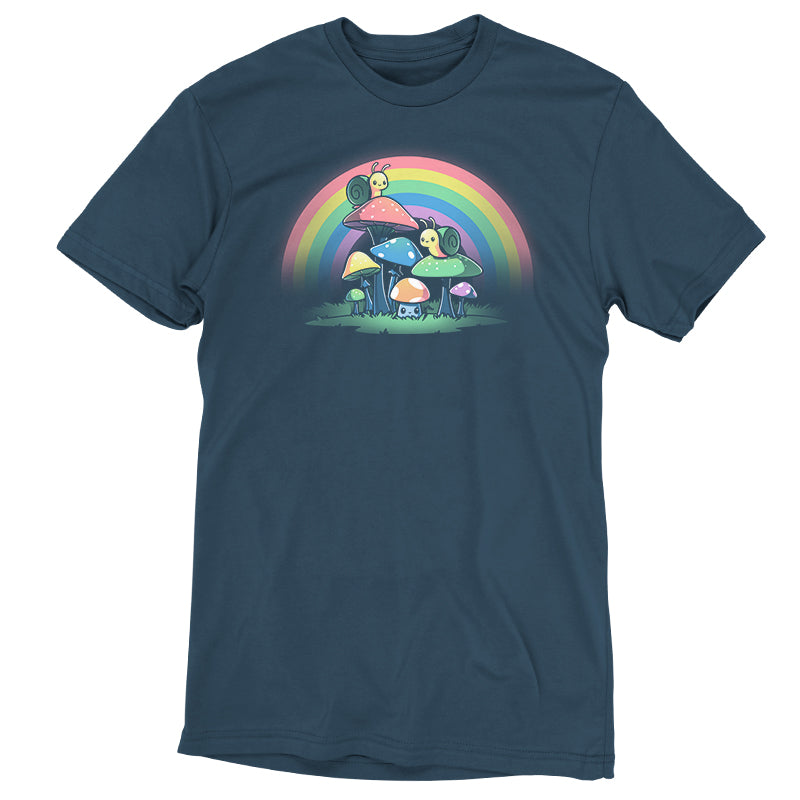 A Snails and Mushrooms denim blue T-shirt with a mushroom on it, made by TeeTurtle.