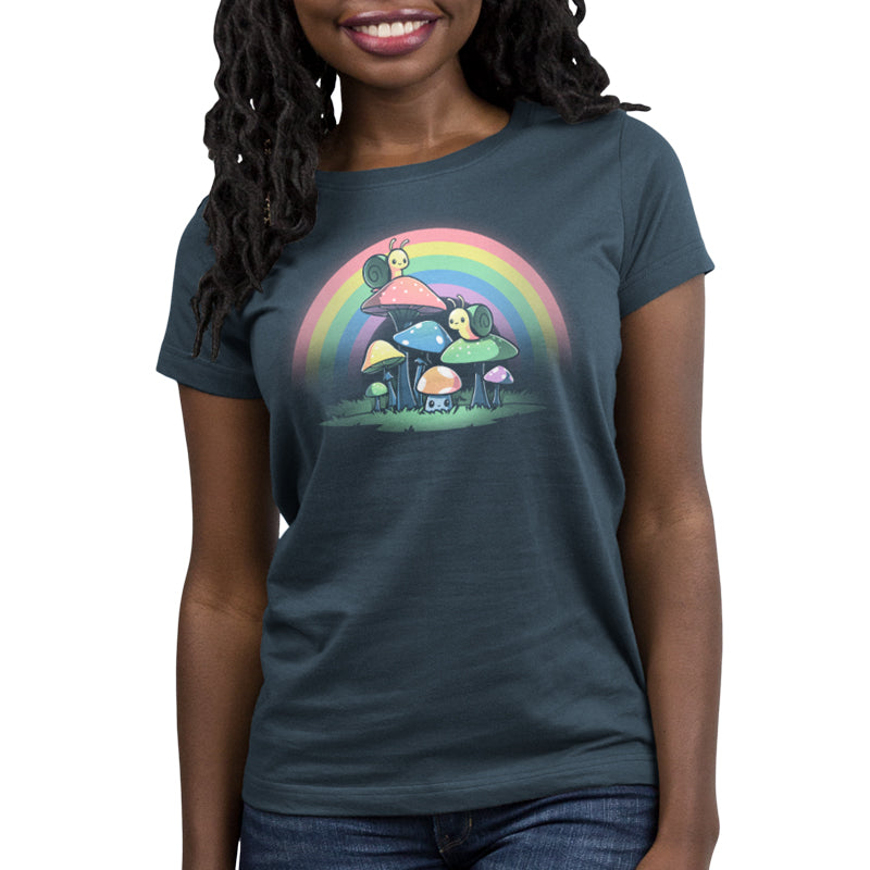 A denim blue women's t-shirt with a rainbow on it, featuring TeeTurtle's Snails and Mushrooms.
