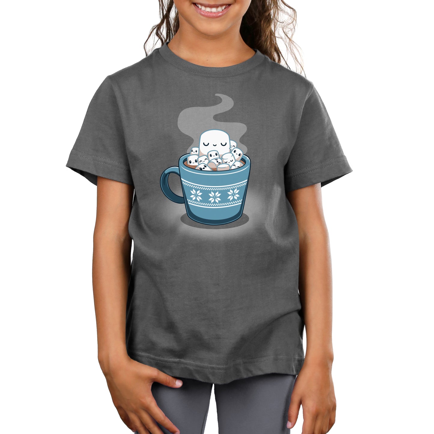 A girl wearing a comfortable TeeTurtle Snug in a Mug t-shirt with a cup of coffee.