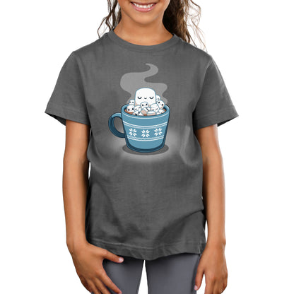 A girl wearing a comfortable TeeTurtle Snug in a Mug t-shirt with a cup of coffee.