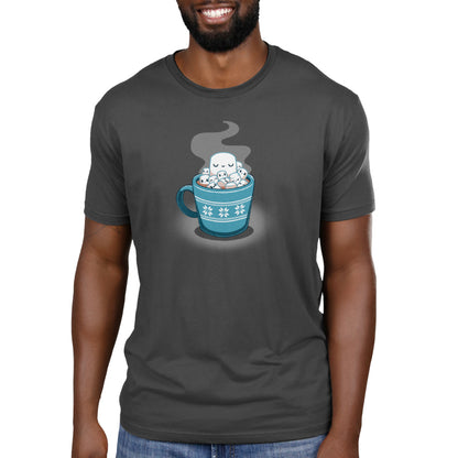 A man wearing a cozy gray Snug in a Mug t-shirt with a coffee cup on it. (Brand: TeeTurtle)