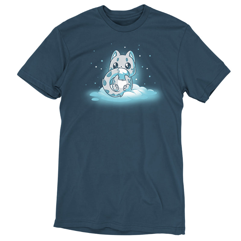 A Snuggly Snow Leopard t-shirt by TeeTurtle, with an image of a cat in the snow.