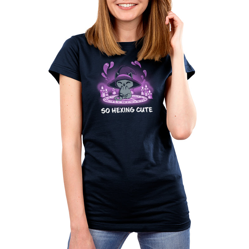 A witchy and adorable woman wearing a TeeTurtle t-shirt that says "So Hexing Cute".