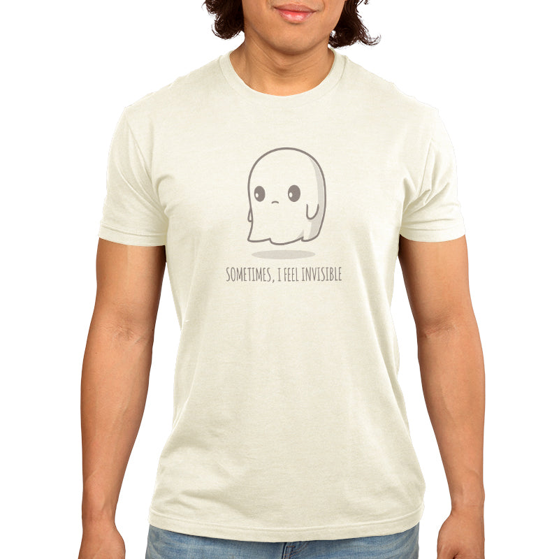 A man is wearing a comfortable TeeTurtle t-shirt with the word "sometimes, I Feel Invisible" on it.