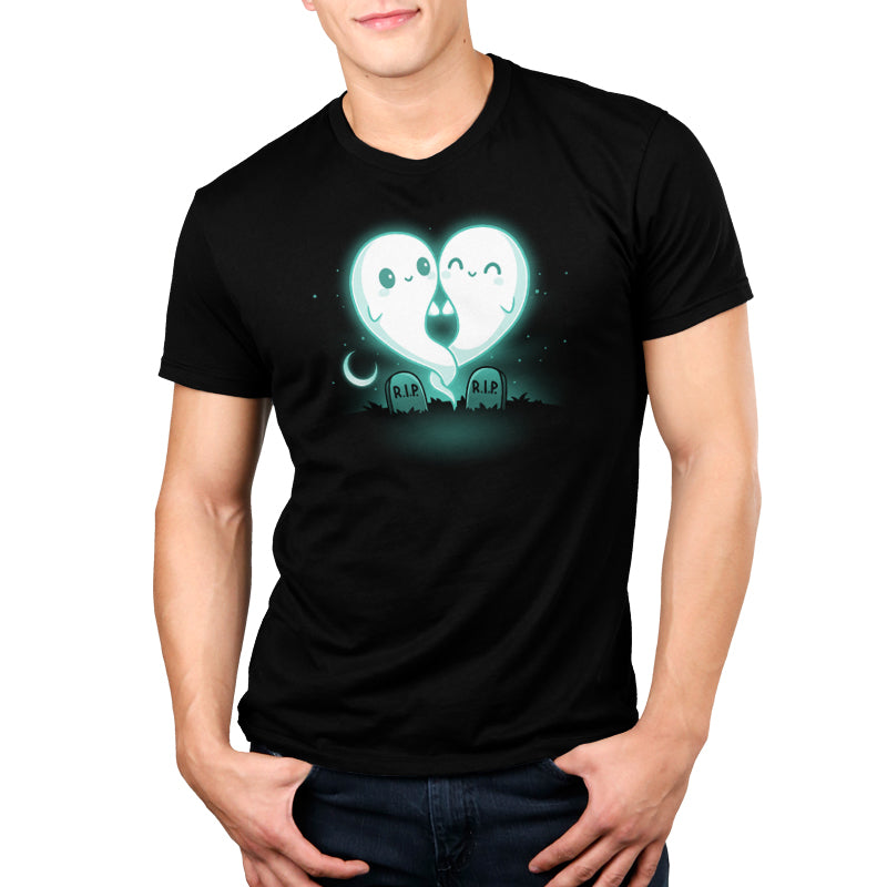 A black t-shirt with two ghosts, representing Soulmates, in the shape of a heart by TeeTurtle.