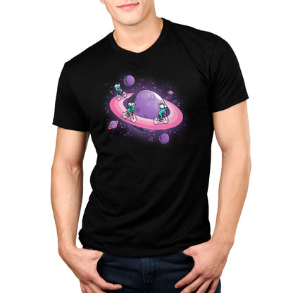 Man wearing a TeeTurtle Space Race unisex tee, black in color with a colorful space-themed graphic design.