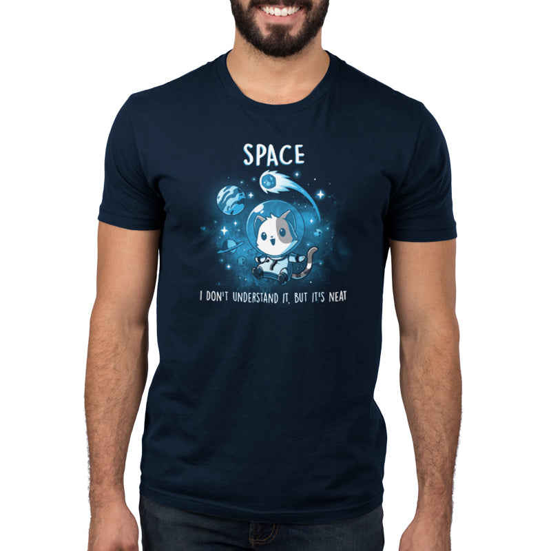A man wearing a Space is Neat t-shirt from TeeTurtle.