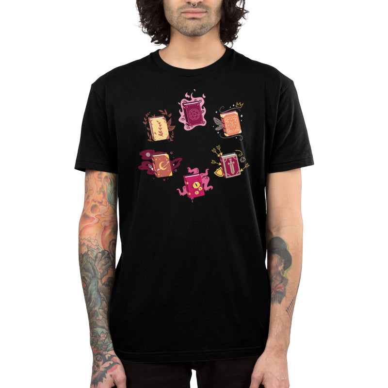 A man wearing a Spellbinding Stories T-shirt by TeeTurtle with flowers on it.