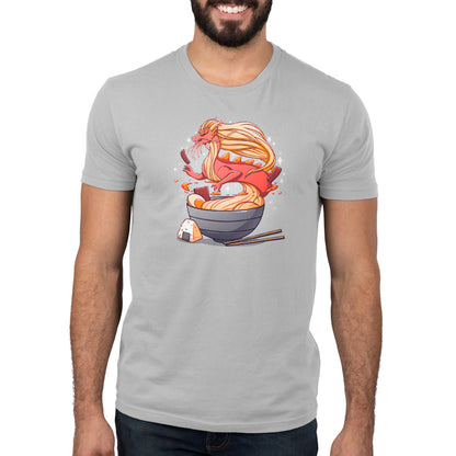 A man wearing a TeeTurtle T-shirt with an image of a Spicy Ramen Dragon slurping.