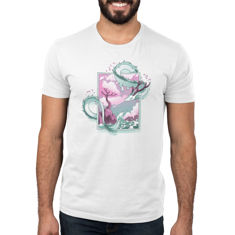 A man wearing a Spring Blossom Dragon T-shirt from TeeTurtle.