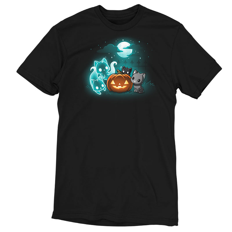 A Spurrits of Halloween-themed black t-shirt featuring a black cat and a pumpkin by TeeTurtle.