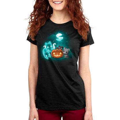 A black women's t-shirt featuring the Spurrits of Halloween jack o lantern image by TeeTurtle.