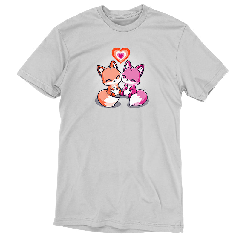 Two foxes holding hearts on a TeeTurtle Love Out Loud grey t-shirt.