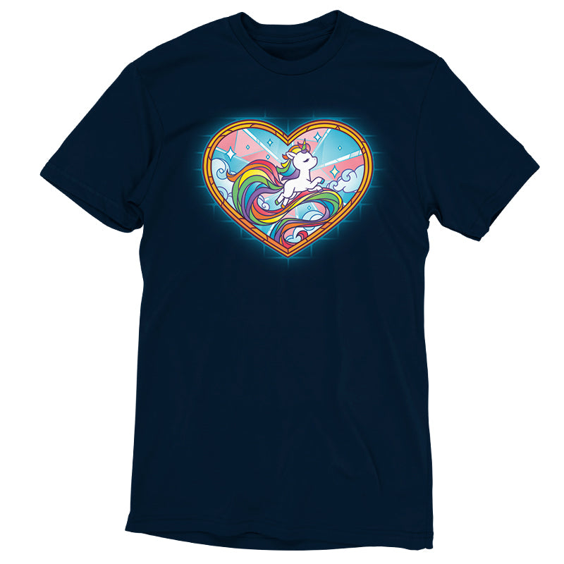 A Stained Glass Unicorn t-shirt from TeeTurtle with a colorful heart on it.