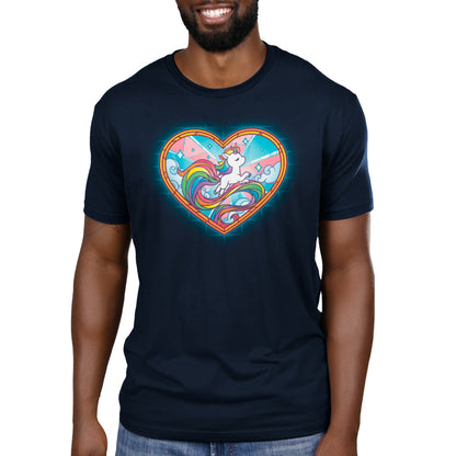 A man wearing a navy blue Stained Glass Unicorn t-shirt with a heart on it. (Brand: TeeTurtle)