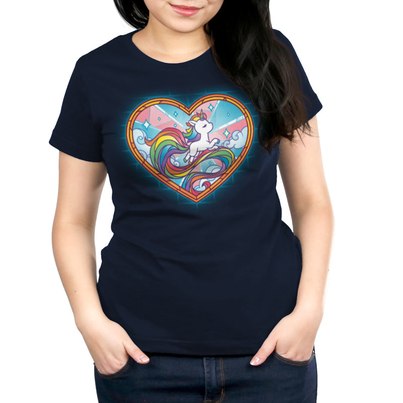 A navy blue Stained Glass Unicorn t-shirt showcasing a unicorn in a heart shape with super soft Ringspun Cotton by TeeTurtle.