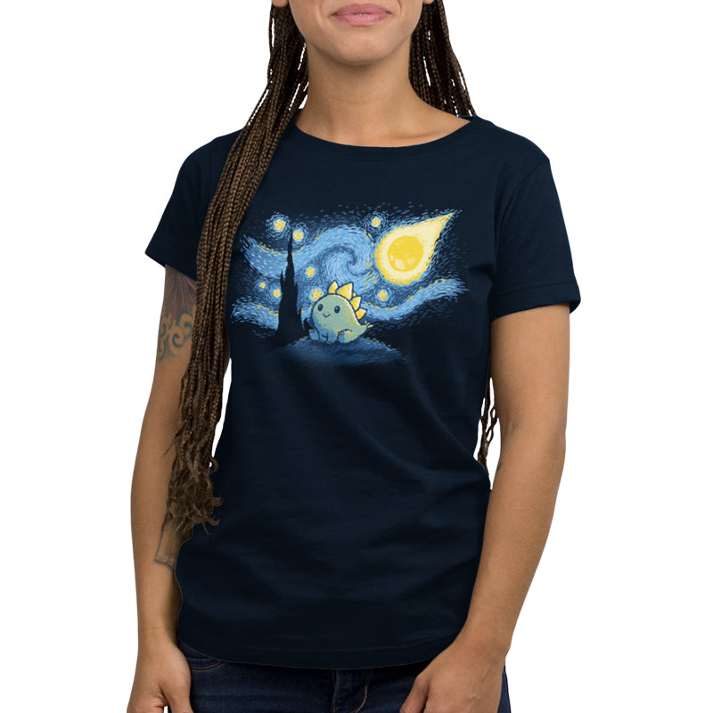 The navy blue Stego Night t-shirt featuring Van Goghsaurus spreads the love of art and dinosaurs. (Brand Name: TeeTurtle)