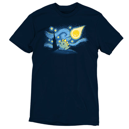 A navy blue Stego Night t-shirt with an image of a starry night by TeeTurtle.