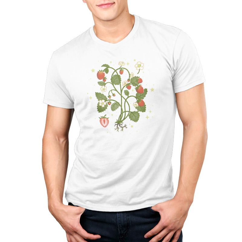 A man wearing a TeeTurtle Strawberry Harvest white t-shirt.