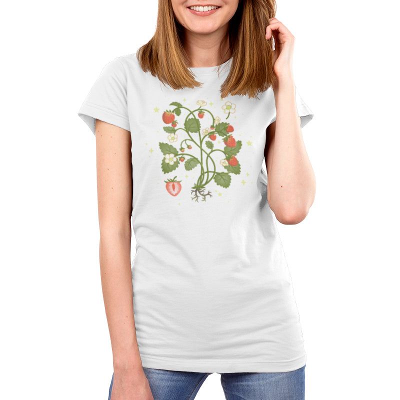 A white t-shirt featuring a Strawberry Harvest design from TeeTurtle.
