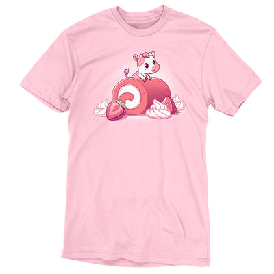 Premium Cotton T-shirt_TeeTurtle light pink Strawberry Roll Cow apparel featuring a pink cow perched on a strawberry roll.