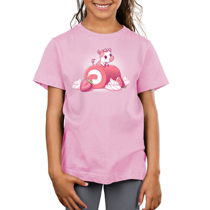 A girl wearing a pink TeeTurtle T-shirt adorned with an image of a kitten on a cloud, emitting comfort vibes.