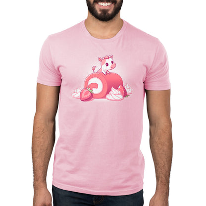 A man wearing a comfortable TeeTurtle Strawberry Roll Cow t-shirt.