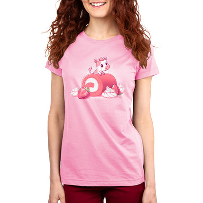 A woman wearing a comfortable pink Strawberry Roll Cow T-shirt with a cat on it from TeeTurtle.