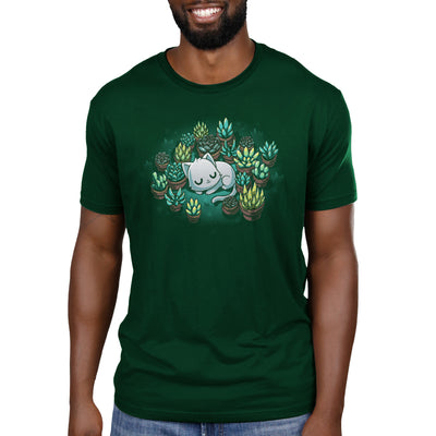 Premium Cotton T-shirt_TeeTurtle forest green Succulent Garden apparel featuring a white cat curled up sleeping, surrounded by various green and yellow succulent plants in pots.