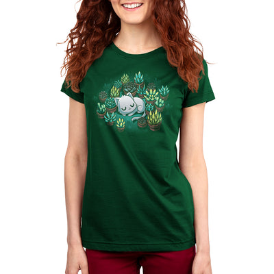 Premium Cotton T-shirt_TeeTurtle forest green Succulent Garden apparel featuring a white cat curled up sleeping, surrounded by various green and yellow succulent plants in pots.
