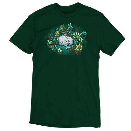A Succulent Garden cat features on this forest green TeeTurtle T-shirt.