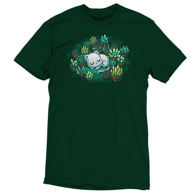 Premium Cotton T-shirt_TeeTurtle forest green Succulent Garden apparel featuring a white cat curled up sleeping, surrounded by various green and yellow succulent plants in pots.