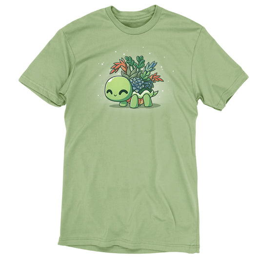 A sage green Succulent Shell T-shirt from TeeTurtle with a kawaii turtle holding flowers.