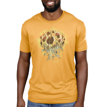 A man wearing a TeeTurtle t-shirt with TeeTurtle sunflowers on it.