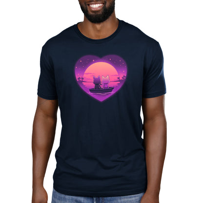 A man wearing a Sunset Romance navy blue t-shirt from TeeTurtle.
