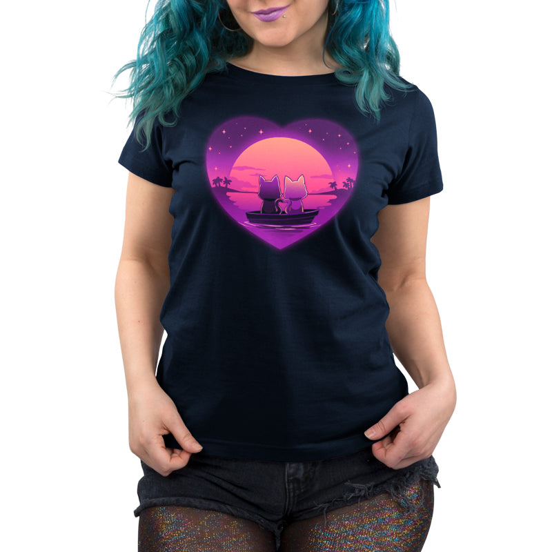 A woman wearing a Sunset Romance navy blue t-shirt with a heart on it by TeeTurtle.