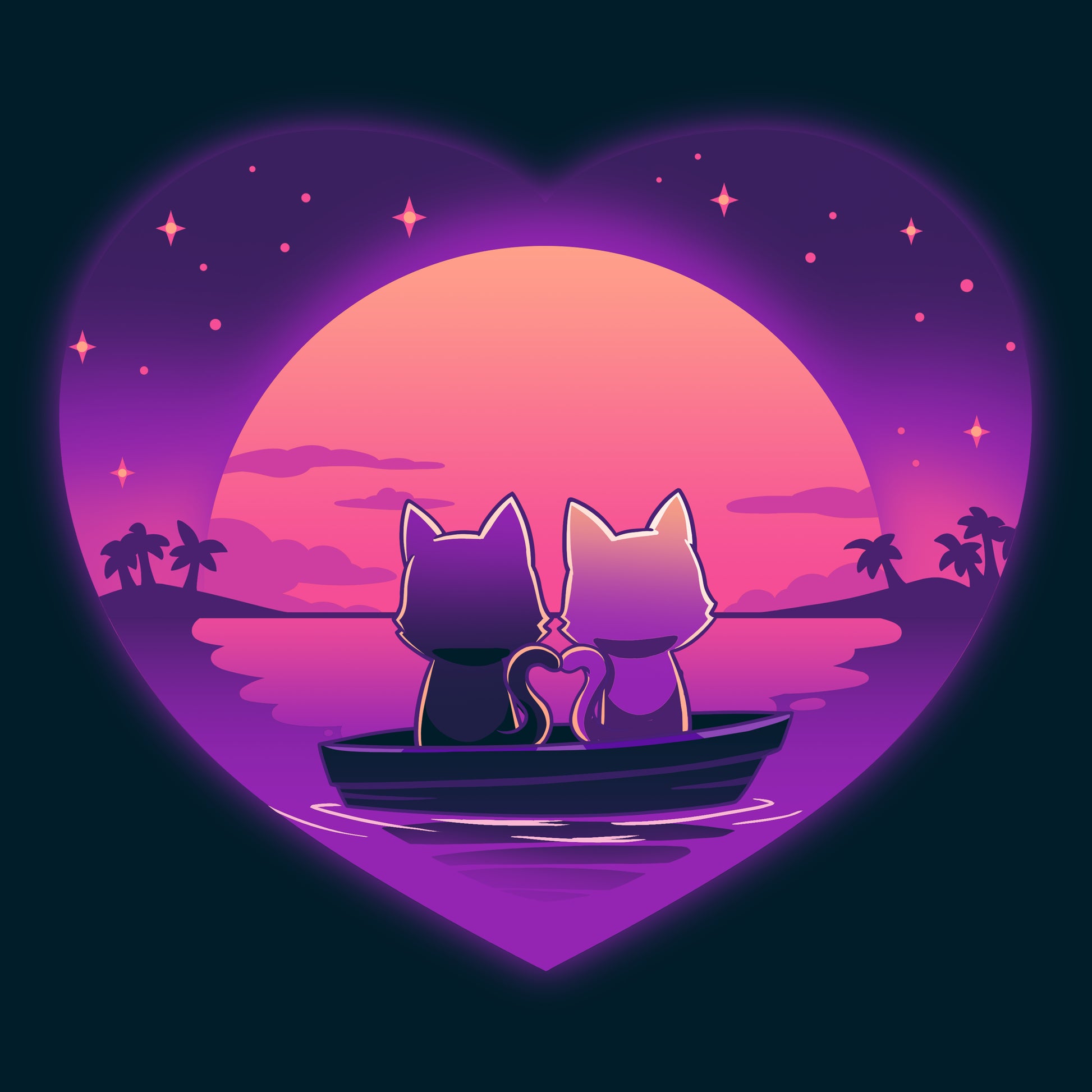 Two cats sitting in a boat with a purple background on a TeeTurtle Sunset Romance T-shirt.