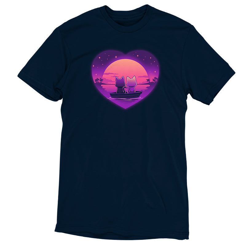 A Sunset Romance t-shirt with a cat in a heart during sunset, by TeeTurtle.