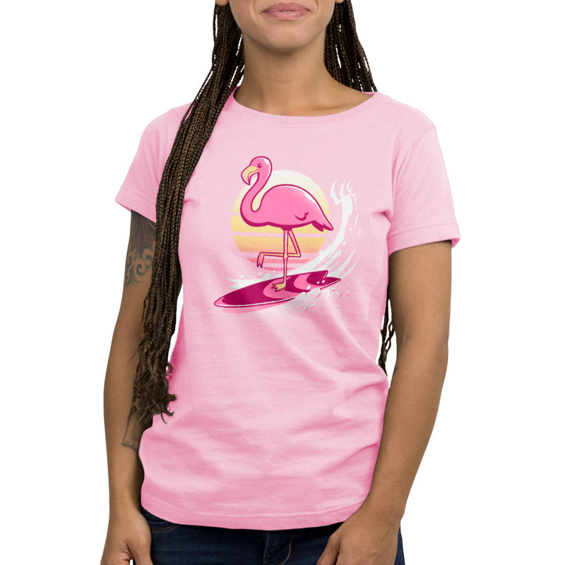 Premium Cotton T-shirt_TeeTurtle Surfing Flamingo light pink t-shirt featuring an artistic flamingo on a surfboard with a sun behind.