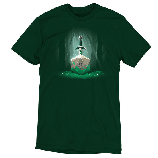 A green Sword in the D20 T-shirt from TeeTurtle in the forest.