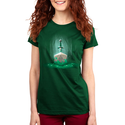 A woman wearing a green Sword in the D20 T-shirt by TeeTurtle.
