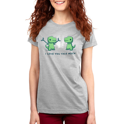 A TeeTurtle T-Rex Love T-shirt for women with the phrase "I love you.
