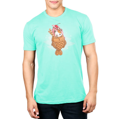 A man wearing a turquoise TeeTurtle T-shirt with an image of a Taiyaki Ice Cream cone.