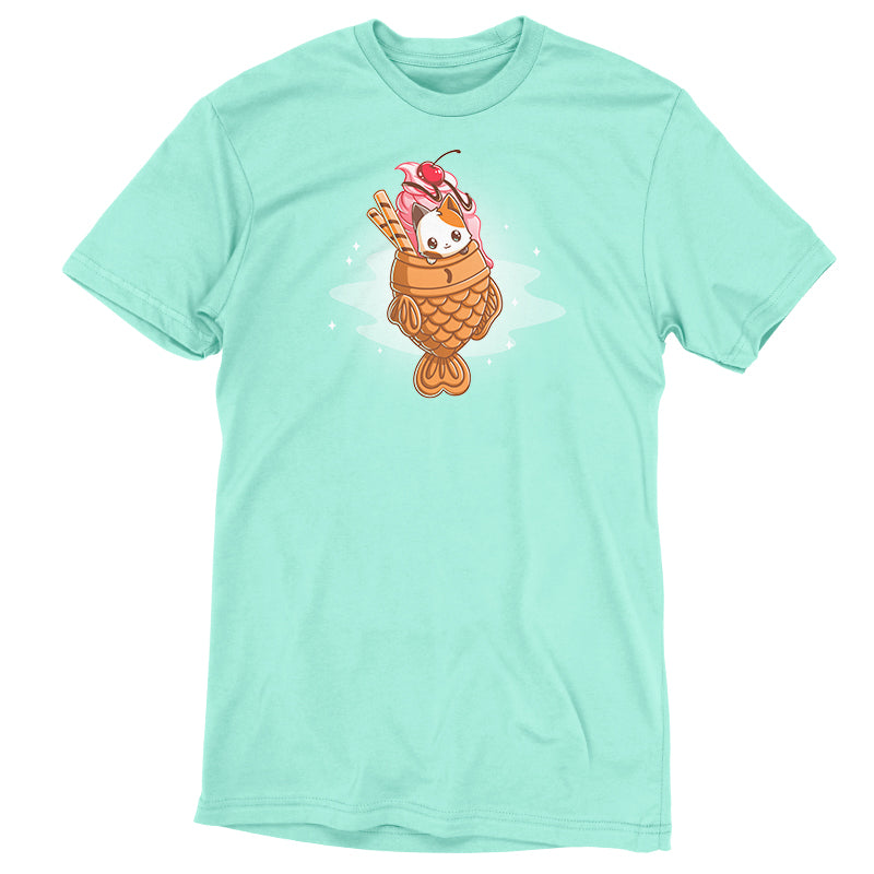 A mint green T-shirt with a cartoon ice cream cone on it.