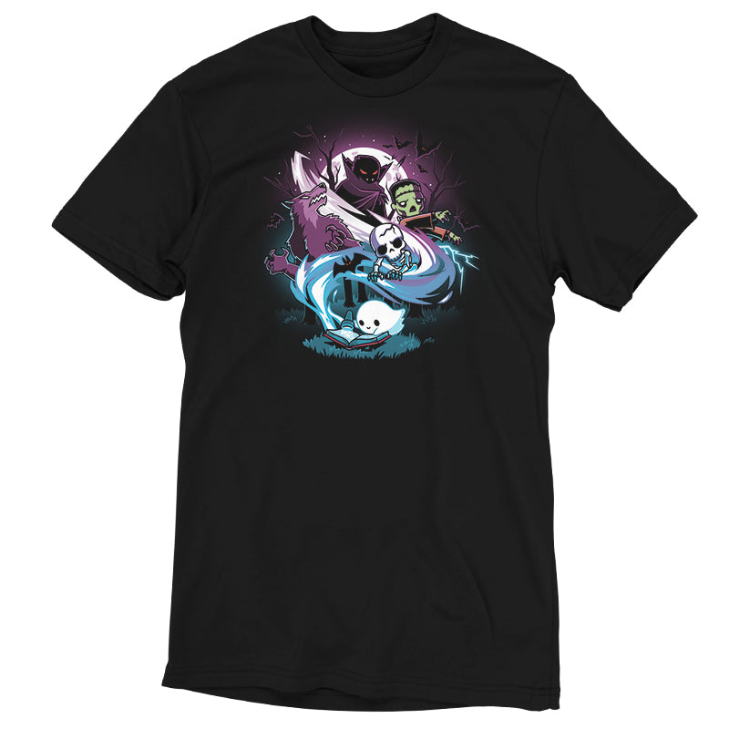 A Tales Of Horror t-shirt by TeeTurtle with an image of a man riding a dragon and skeletons.